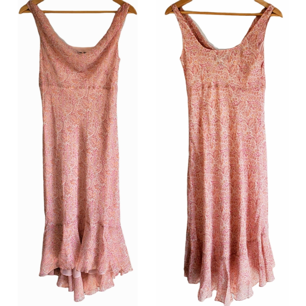 Ann Taylor Vintage Silk Paisley Pink Orange Cowl Neck Slip Mermaid Dress